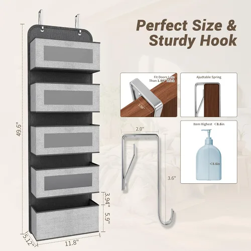 Vista 3 de Organizador estrecho sobre la puerta, 5 bolsillos grandes, almacenamiento de tela, 12 pulgadas de ancho With Metal Hooks, Clear Window for quick