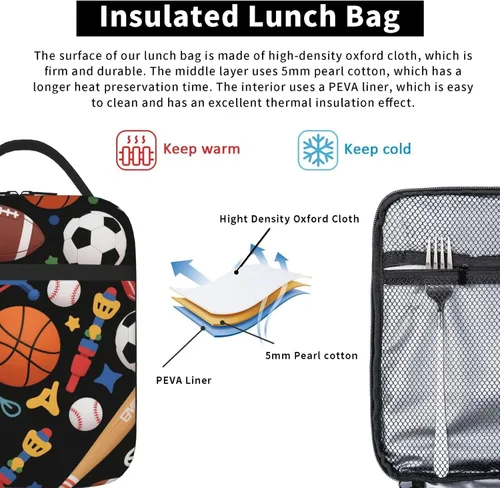 Vista 4 de Bolsa de almuerzo divertida para niños con pelotas deportivas, bolsa reutilizable para baloncesto, fútbol, fútbol americano y béisbol, lonchera