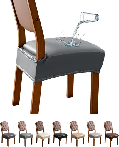Vista 7 de Genina Juego de 6 fundas de asiento impermeables de piel sintética para sillas de comedor, fundas de asiento de silla, fundas de asiento elásticas