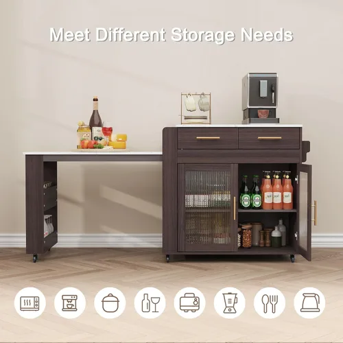 Vista 6 de HLR Isla de cocina extensible de 72 pulgadas con almacenamiento, mesa de isla con ruedas con encimera de grano de mármol y toma de corriente Marrón
