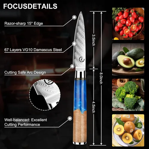 Vista 5 de Cuchillo de pelar de 3.5 pulgadas, cuchillo de pelar de damasco pequeño cuchillo de fruta ultra afilado Damasco VG10 Core acero con 66 capas