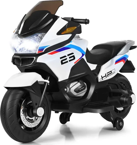 Vista 11 de HONEY JOY Motocicleta para niños de 12 V, vehículo eléctrico a batería para niños, ruedas de entrenamiento, luces LED, pedal de pie, suspensión