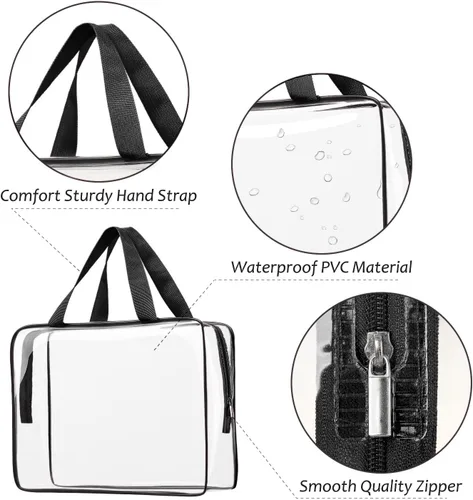 Vista 6 de 3 bolsas de cosméticos transparentes, aprobadas por la TSA, juego de bolsas de aseo transparentes para viajes, playa, bolsa de organización