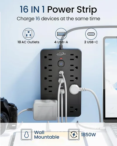 Vista 2 de JouleLoom Paquete de 2 tiras de alimentación con protector de sobretensiones, 10 salidas (1850 W/15 A/14 AWG) con 6 puertos USB (2 USB C), cable