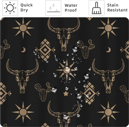 Vista 3 de Cortina de ducha de calavera de toro occidental estilo boho con cuernos de vaca, calavera de cactus bohemia en negro y dorado con ganchos, cortina