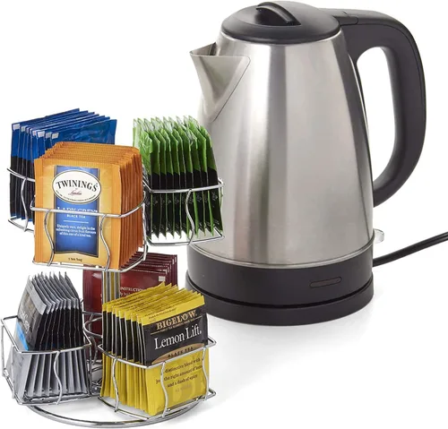 Vista 5 de Nifty - Carrusel giratorio de bolsitas de té, 6 compartimentos, hasta 60 bolsas de té, giros de 360 grados, plataforma Lazy Susan, diseño cromado