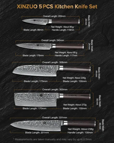 Vista 6 de XINZUO Juego de 5 cuchillos de corte de cocina, hoja de damasco martillada de 67 capas, juego de cuchillos de chef afilados de estilo japonés