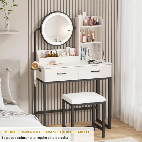 Vista 3 de Vabches Tocador de maquillaje con espejo redondo y luces, mesa de maquillaje blanca con estación de carga, mesa de tocador pequeña para dormitorio