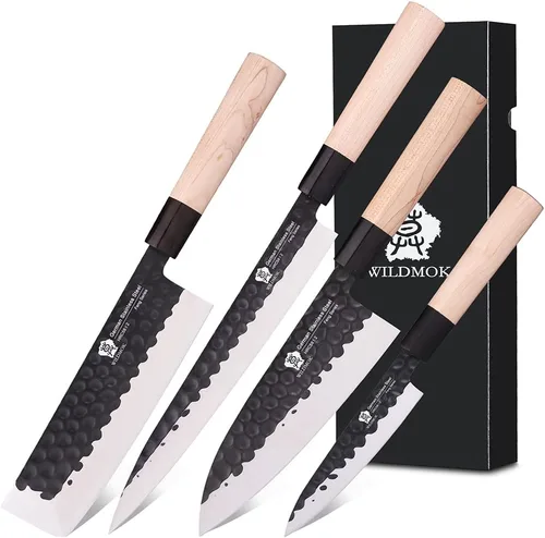 Vista 12 de WILDMOK GYUTO - Juego de 4 cuchillos de chef de sushi Yanagiba-Deba-Nakiri-Utilidad, cuchillos de fileteado de pescado con hoja de acero alemán
