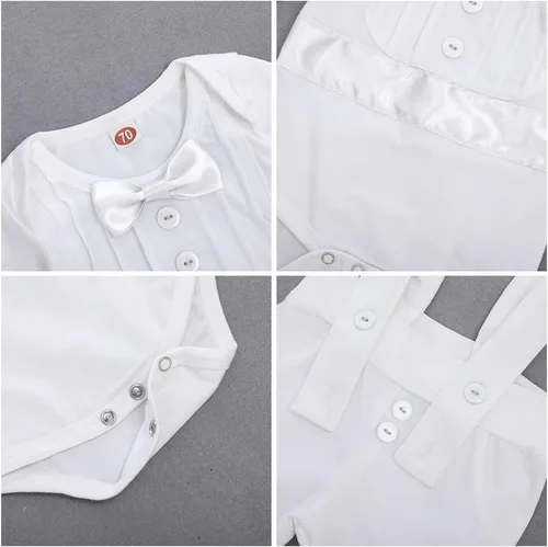 Vista 6 de IWEMEK Traje de bautizo para bebés y niños, con corbatín y tirantes, pantalones de esmoquin de boda, traje de caballero, anillo de portador Todo