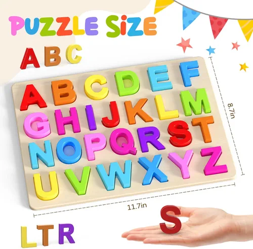 Vista 2 de Zeoddler Rompecabezas del alfabeto, rompecabezas de madera para niños pequeños, rompecabezas con forma de ABC para niños, actividades de aprendizaje