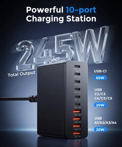 Vista 2 de Estación de carga USB C de 10 puertos con 4 cables, bloque