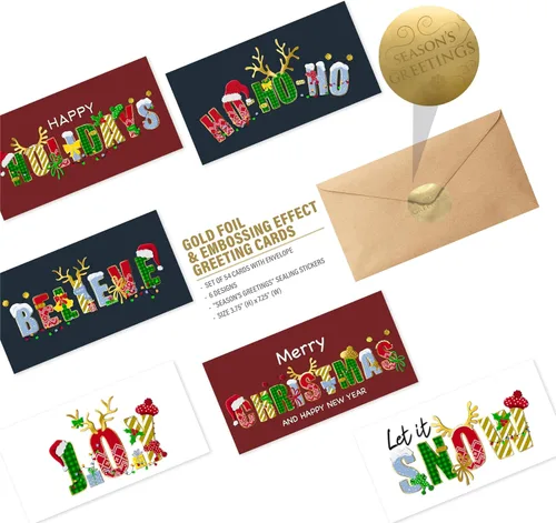 Vista 2 de easykart labels Surtido de 54 tarjetas de Navidad con sobres y calcomanías de sellado, 6 diseños temáticos navideños con efecto de lámina y relieve