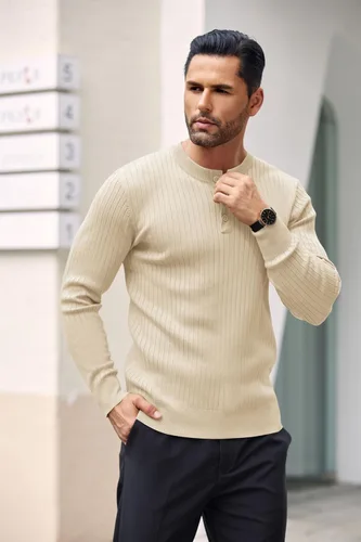 Vista 37 de COOFANDY Suéter de punto Henley para hombre, manga larga, con botones, ligero, para otoño, ajustado, acanalado