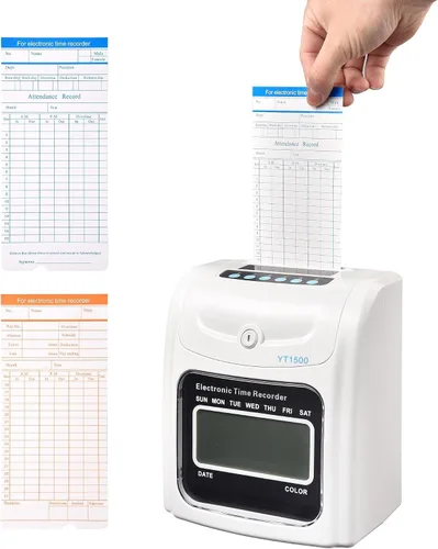 Vista 3 de Yescom Asistencia Punch Time Clock Bundle Employee Payroll Recorder LCD Pantalla con 100 tarjetas, 1 soporte para tarjetas de tiempo, 2 llaves