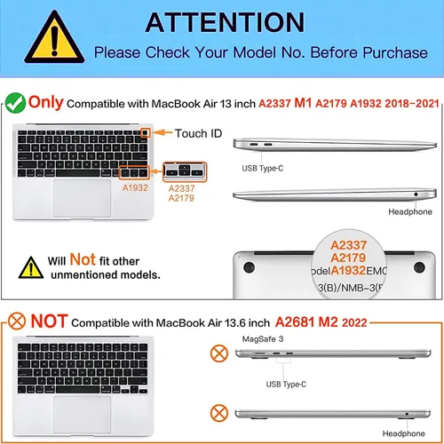 Vista 2 de Funda compatible con MacBook Air de 13 pulgadas 2022, 2021-2018 A2337 M1 A1932 A2179, carcasa de plástico duro duradero, cubierta de teclado