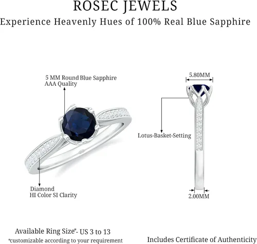 Vista 16 de Anillo de compromiso con solitario mínimo de zafiro azul, redondo de 0.197 in, calidad AAA, joyería inspirada en flores para mujer