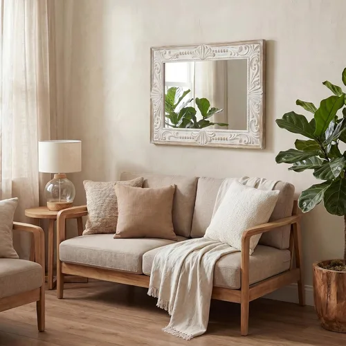 Vista 5 de H HOMEWINS Espejo rectangular rústico, espejo de madera de granja de 22 x 30 pulgadas, espejo de decoración de cuentas naturales talladas