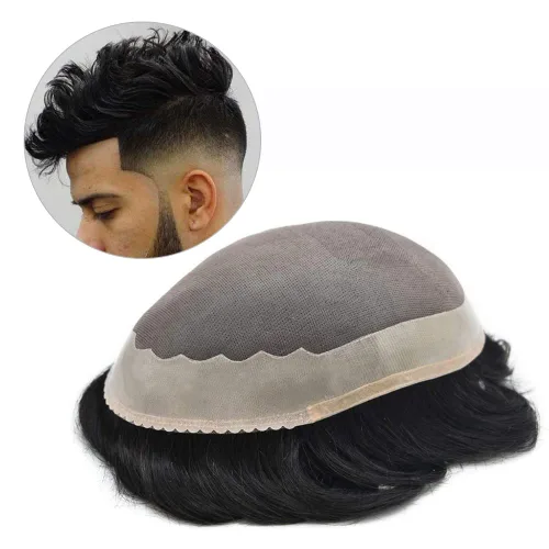 Vista 3 de Toupee - Sistema de reemplazo de cabello humano Remy europeo para hombre, tupé duradero fino mono con revestimiento de poliéster