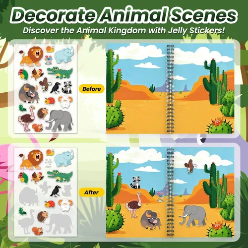 Vista 6 de Libro de calcomanías reutilizables de animales para niños pequeños, calcomanías 3D divertidas de gelatina de animales, calcomanías lavables