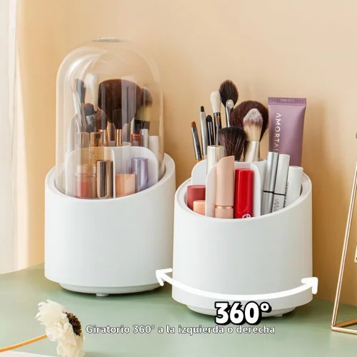 Vista 3 de Fantasee Organizador de brochas de maquillaje giratorio de 360°, almacenamiento de 7 compartimentos con cubierta transparente a prueba de polvo