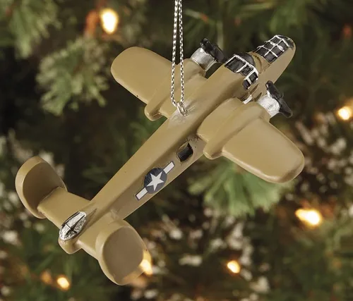 Vista 2 de Adorno navideño de avión B-25 Crafted from Resin & Marble, 3.5" Wingspan, Silver Ribbon, Highly Collectable