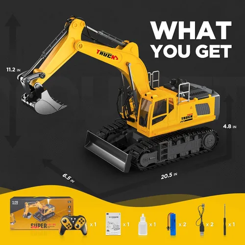 Vista 7 de KIDMARKT Juguete grande de excavadora de control remoto de 21 pulgadas con cubo de metal y hoja topadora, juguetes de excavadora RC de 15 canales