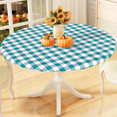 Vista 22 de misaya Mantel redondo ajustable con borde elástico, mantel de vinilo impermeable a cuadros de búfalo con parte trasera de franela para mesas Cuadros