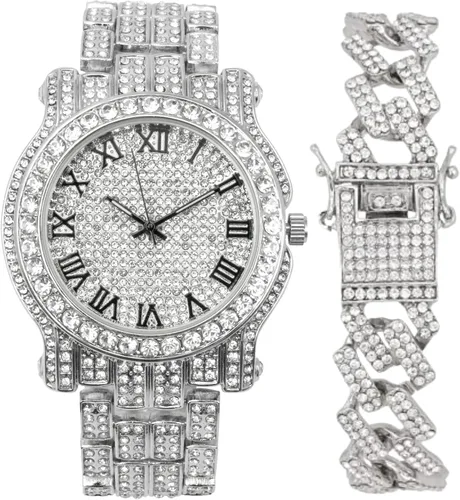 Vista 45 de Charles Raymond Bling-ed Out Ultimate Hip Hop Royalty Reloj para hombre con número romano de fácil lectura o indicadores de tiempo de diamantes