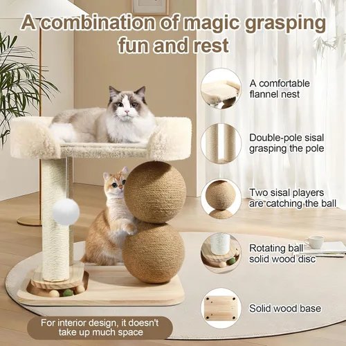 Vista 5 de Árbol pequeño para gatos de interior, torre de árbol para gatos con rascador de sisal para gatos, torre para gatos 5 en 1 con bola de juguete