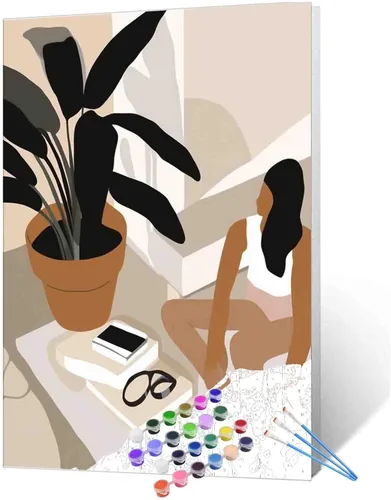 Vista 13 de Pintura de niña afro a la moda, kits de pintura por números, 16 x 20 pulgadas, lienzo de hojas tropicales, pintura al óleo para niños y adultos