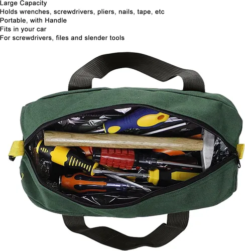 Vista 3 de Bolsa de herramientas portátil de lona de boca ancha de gran capacidad, bolsa de herramientas de mano con cremallera extra larga, bolsa