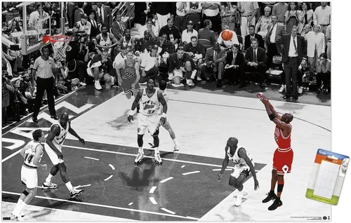 Vista 12 de Trends International Michael Jordan - Póster de pared horizontal The Shot, 14.72 x 22.37 pulgadas, versión enmarcada de madera de granero
