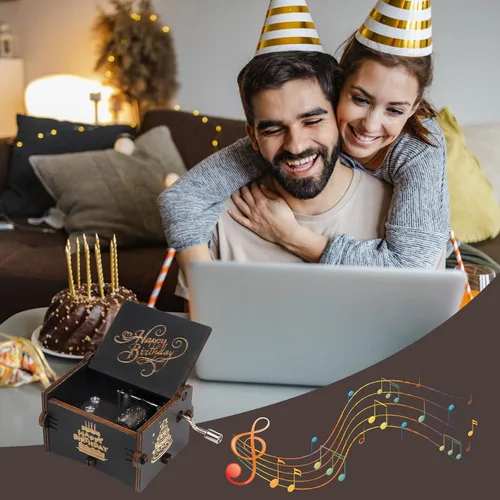 Vista 2 de Caja de música de feliz cumpleaños, manivela de madera, instrumento musical grabado con melodía, regalos para mamá, papá, hija, hijo, esposa, esposo