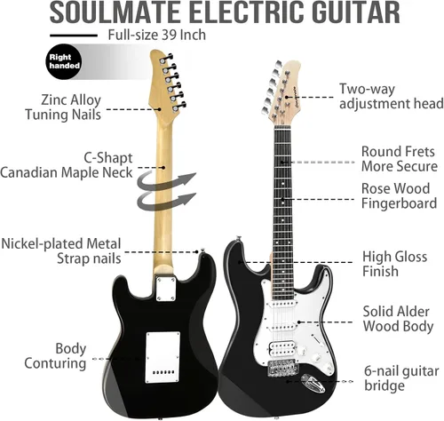 Vista 2 de Soulmate - Kit de guitarra eléctrica para principiantes de 39 pulgadas, tamaño completo, guitarra eléctrica de cuerpo sólido con pastilla HSS
