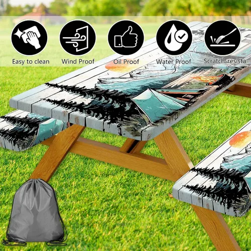 Vista 7 de Funda para Mesa de Picnic con Fundas para Bancos y Bolsa, Campista de Madera Impermeable Resistente al Viento, Cubierta de Mantel Ajustada con Borde