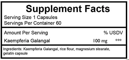 Vista 2 de Kaempferol 100mg 60 unidades botella, cápsula, Kaempferia Galangal, harina de arroz, esterato de magnesio, cápsula de gelatina