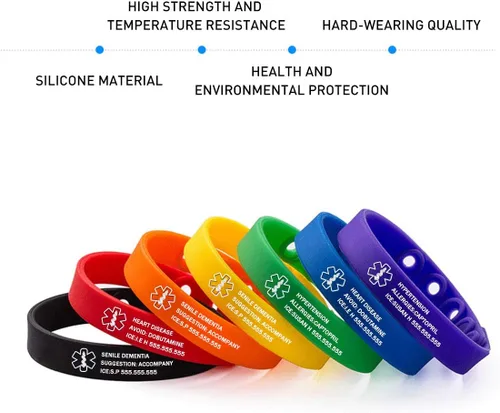 Vista 2 de Pulsera ajustable personalizada de silicona pulseras médicas deporte emergencia ID pulseras grabado libre impermeable ID alerta pulseras
