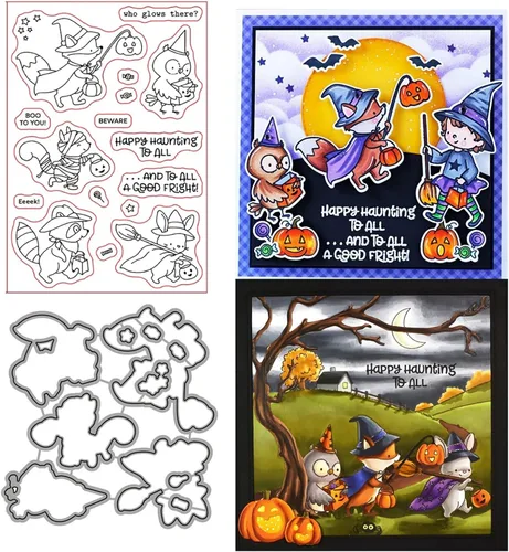 Vista 9 de Juego de sellos y troqueles de Halloween Witch Happy Haunting para hacer tarjetas, sellos transparentes y troqueles de corte de metal para álbumes 01