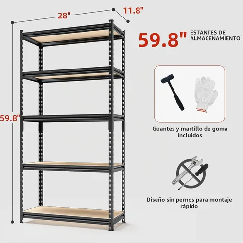 Vista 3 de Estantes de almacenamiento, estantes de garaje, estantes de metal resistentes de 5 niveles para almacenamiento, estante ajustable para cocina