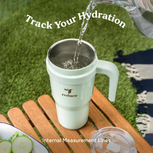 Vista 6 de REDUCE Vaso de acero inoxidable de 24 onzas con asa - Taza de viaje con aislamiento al vacío de doble pared, tapa a prueba de sudor y popote Brote