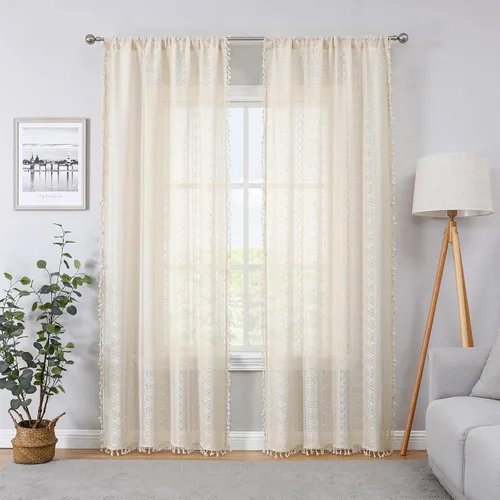 Vista 13 de Cortinas de encaje transparente con borlas de lino bohemio beige, elegante geometría de ganchillo, bolsillo para barra, cortinas de ventana