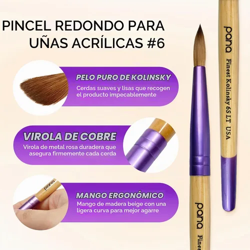 Vista 3 de PANA Pure Kolinsky Cepillo de uñas acrílico con mango de madera - forma redonda Beige