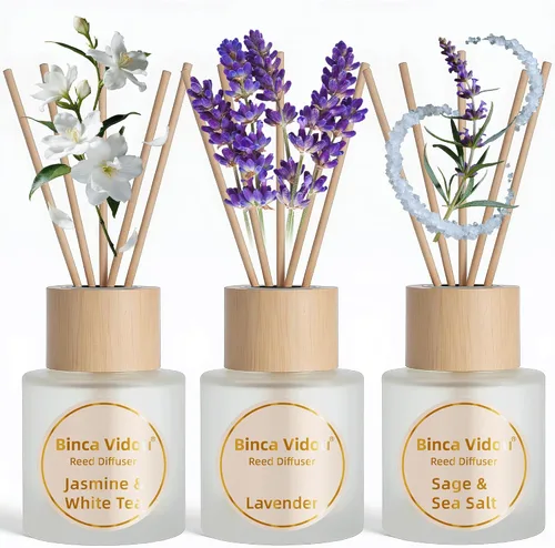 Vista 12 de Juego de difusor de cañas, Binca Vidou difusores de aceite de fragancia natural de lavanda y jazmín con varillas para aromaterapia en el hogar