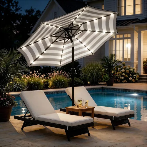 Vista 9 de Yaheetech - Sombrilla solar de patio de 9 pies, sombrilla de mesa con 32 luces LED, 8 varillas/inclinación y sistema de elevación con manivela