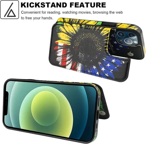 Vista 5 de HAOPINSH Funda tipo cartera para iPhone 12/12 Pro - Bandera americana Girasol, tarjetero, cuero sintético, soporte, cierre magnético doble, a prueba