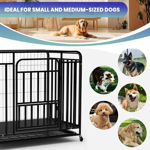 Vista 7 de Jaula extragrande para perros grandes, medianos, resistente de 38 pulgadas, con ruedas bloqueables y puerta doble extraíble, fácil de limpiar