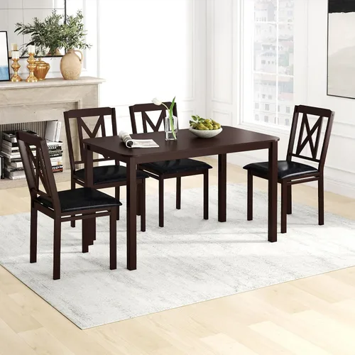 Vista 8 de Giantex Juego de mesa de comedor de 5 piezas para 4, mesa de cocina rectangular de 47 pulgadas y 4 sillas con patas de madera de goma, asiento