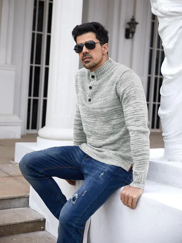 Vista 4 de Aoysky Men's Stand Collar Sweater Thermal Button Pullover Sweater Tops Henley Knit Sweaters