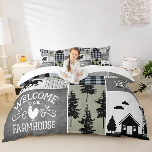 Vista 29 de Juego de funda de edredón para niños de ciervo, oso, lobo, tamaño individual, juego de ropa de cama de cabaña de aventura para niños, niñas
